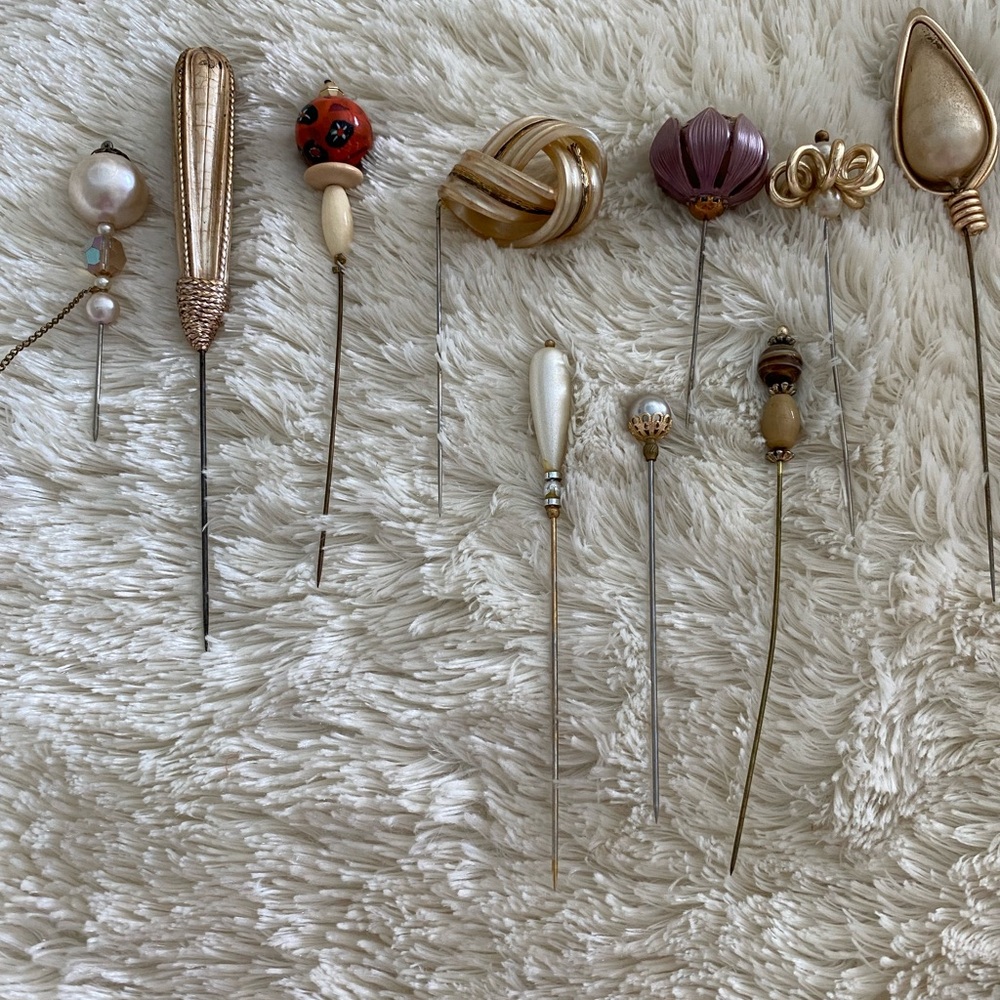 Vintage Set of 10 Stick Hat Pins Gold Pearl Designs -Victorian, Steampunk Gilded